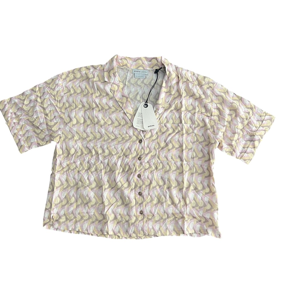 NWT prAna Iguala Willow Retro Geo Button Down Shirt Women Small Pink Yellow Boxy